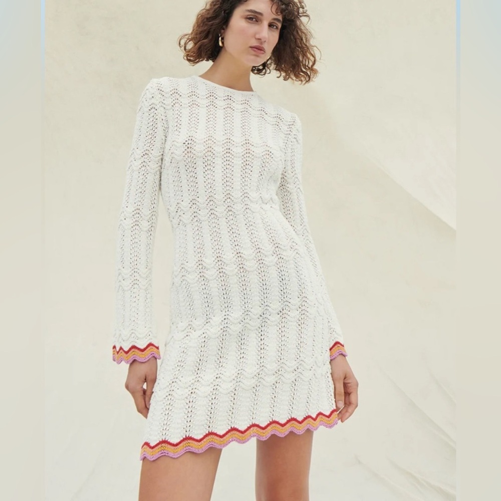 SAYLOR White Crochet Mini Dress with Pink & Orange Trim